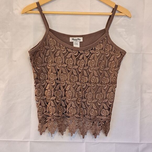 MaxiMa Y2K 90's Taupe Floral Eyelet Ribbed Spaghetti Top Size Large - Picture 13 of 13